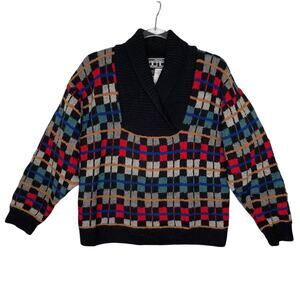1990s Berek 100% Wool Colorblock Hand Knit Sweater Medium